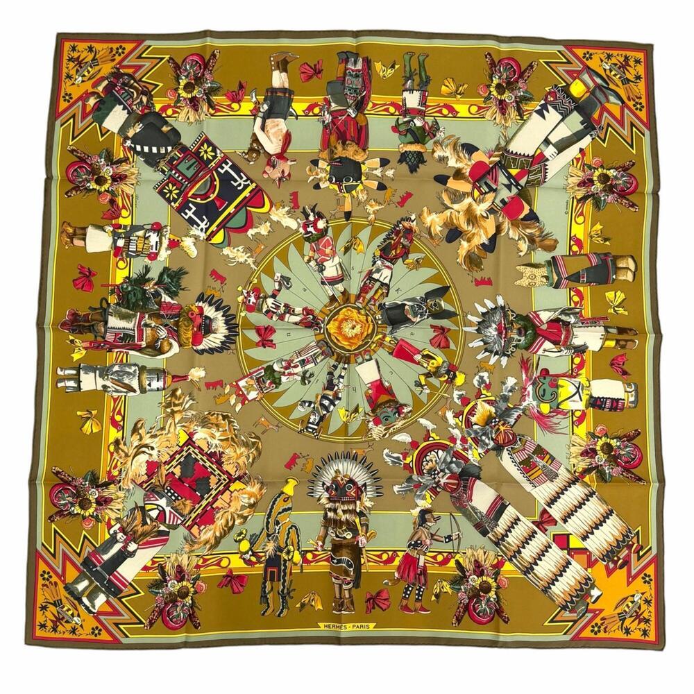 HERMES Kachinas (Kachina ethnic) Carre 90 100% Silk Scarf/Muffler, Brown/Khak...